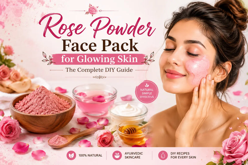 Rose powder face pack for glowing skin - dried rose petals and rose powder in a bowl with rose water