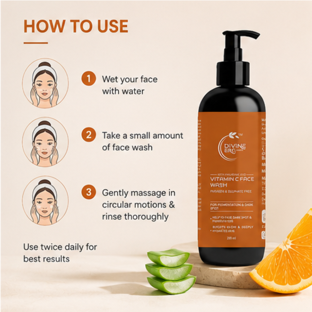 Divine Era Herbal Vitamin C Face Wash for Glowing Skin – Deep Cleansing, Brightening & Refreshing Face Cleanser | 200 ml