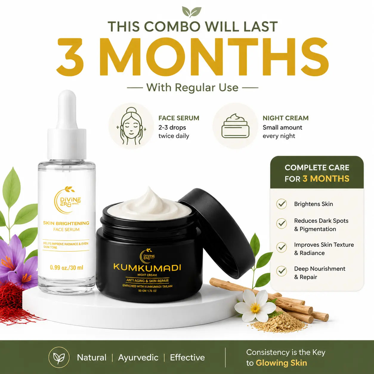 Kumkumadi De-Pigmentation Duo | Face Serum & Night Cream for Glowing, Even-Toned Skin- 3 Month Care Kit
