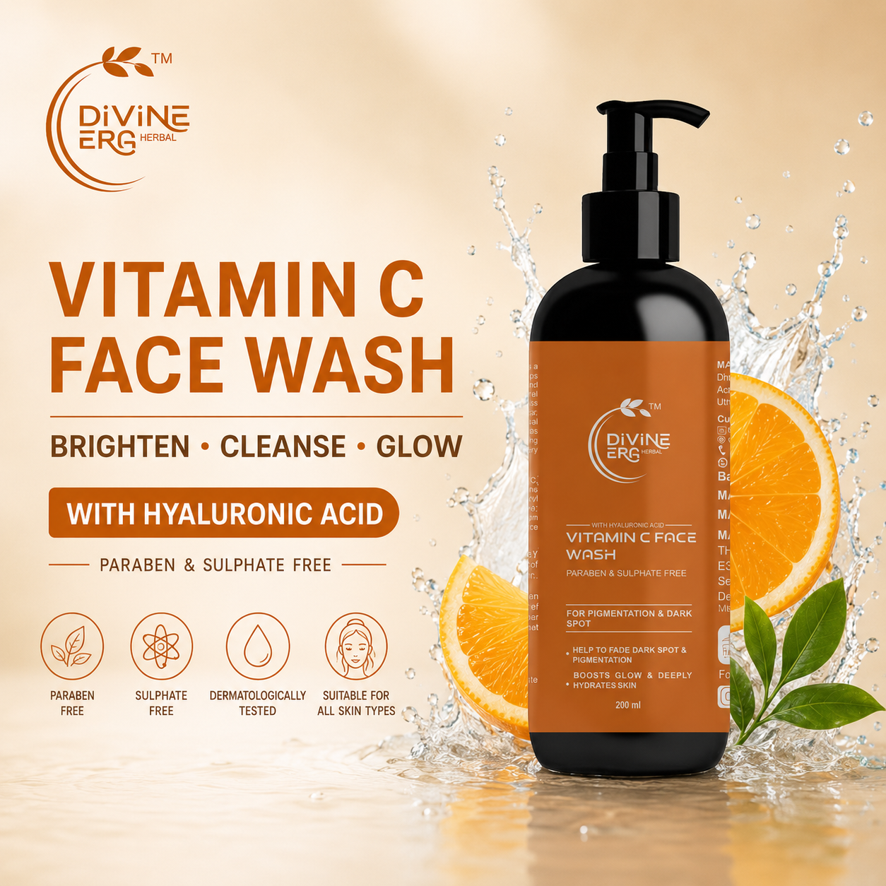 Divine Era Herbal Vitamin C Face Wash for Glowing Skin – Deep Cleansing, Brightening & Refreshing Face Cleanser | 200 ml