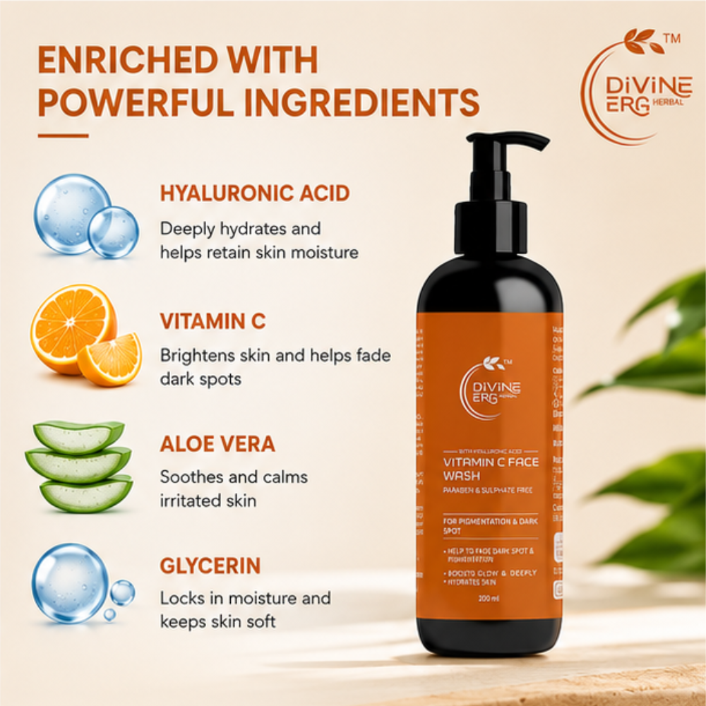 Divine Era Herbal Vitamin C Face Wash for Glowing Skin – Deep Cleansing, Brightening & Refreshing Face Cleanser | 200 ml