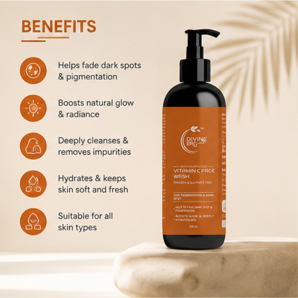 Divine Era Herbal Vitamin C Face Wash for Glowing Skin – Deep Cleansing, Brightening & Refreshing Face Cleanser | 200 ml