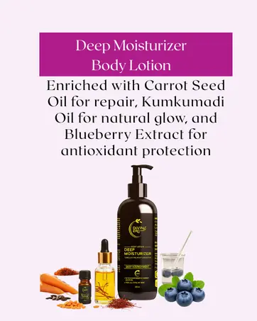 Blueberry extract, carrot seed oil, and kumkumadi oil used in herbal body lotion for dry skin to nourish, brighten, and deeply moisturize naturally.