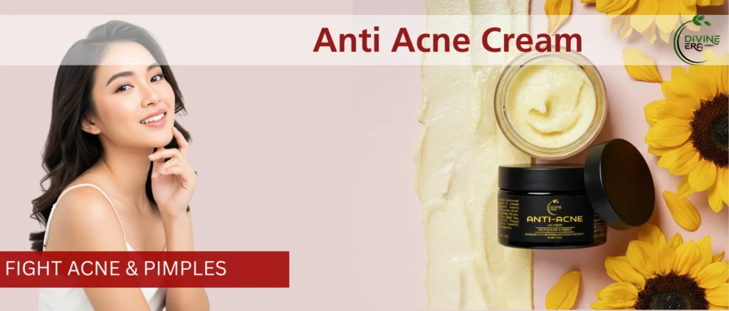 Divine Era Herbal anti acne cream for woman in herbal packaging for pimples, acne marks and oil control
