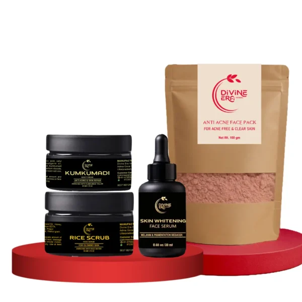 Complete Anti-Acne Kit – Natural Face Pack Powder, Face Serum, Kumkumadi Cream & Rice Face Srub for Clear & Glowing Skin