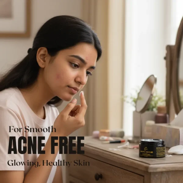 A young woman is applying Divine Era Herbal Anti Acne Cream to her cheek, where acne and blemishes are visible, with the text: "For Smooth Acne Free Glowing, Healthy Skin." This cream is a cream for acne scars and dark spots.