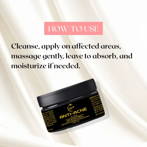 Image showing a jar of Divine Era Anti-Acne Cream with the usage instructions: "Cleanse, apply on affected areas, massage gently, leave to absorb, and moisturize if needed."