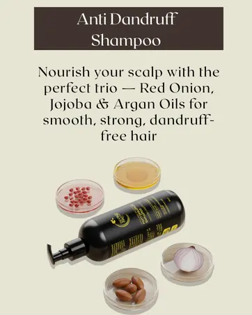 Divine Era Herbal Anti-Dandruff Shampoo bottle surrounded by petri dishes of Red Onion, Jojoba oil, Argan seeds, and what appears to be pomegranate seeds (or other red seeds). Highlights key ingredients for strong, dandruff-free hair.