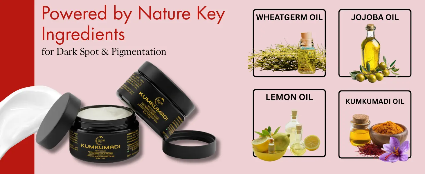Kumkumadi Cream for pigmentation enriched with wheatgerm oil, jojoba oil, lemon oil and kumkumadi oil