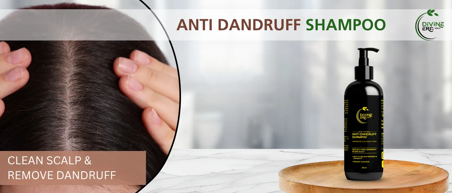 Divine Era Herbal Anti-Dandruff Shampoo bottle next to a healthy, clean scalp, emphasizing dandruff removal and clean scalp benefits. Ideal anti dandruff shampoo for daily use.