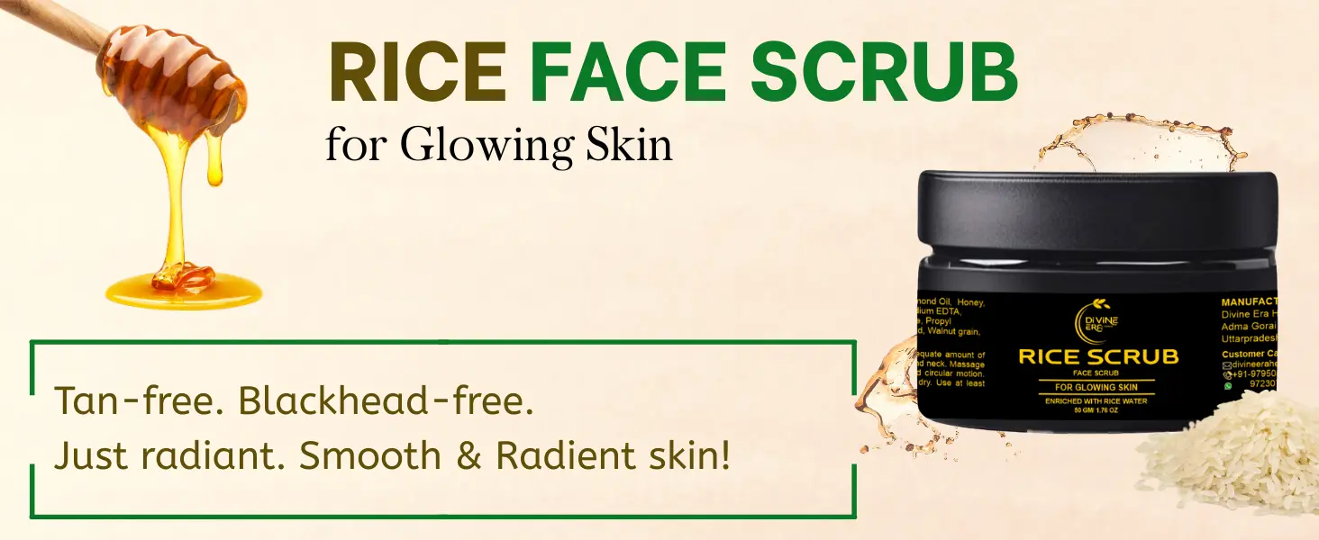Natural face scrub for glowing skin with rice water, honey, and walnut grain exfoliator.