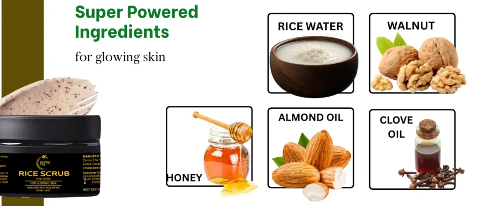 Our face scrub for glowing skin gently removes dead skin cells using walnut grain while honey and rice water hydrate and brighten for a natural glow.