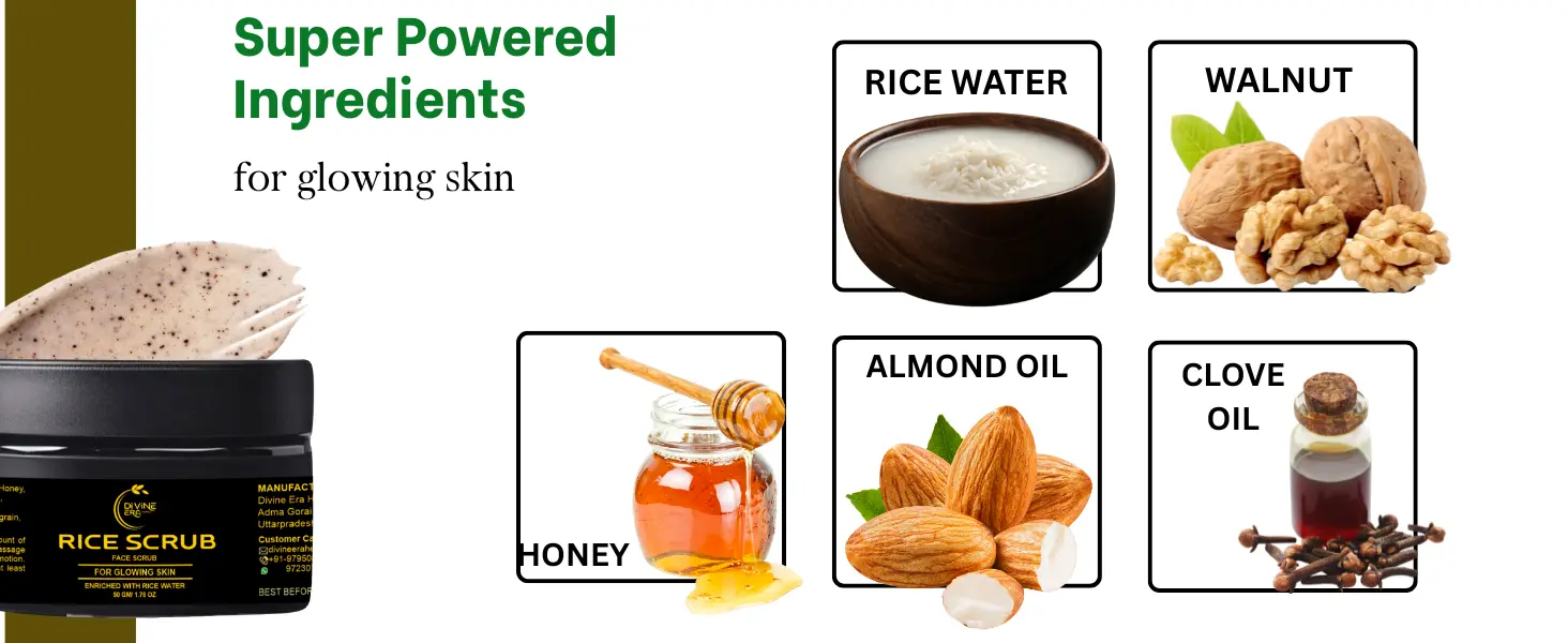 Our face scrub for glowing skin gently removes dead skin cells using walnut grain while honey and rice water hydrate and brighten for a natural glow.