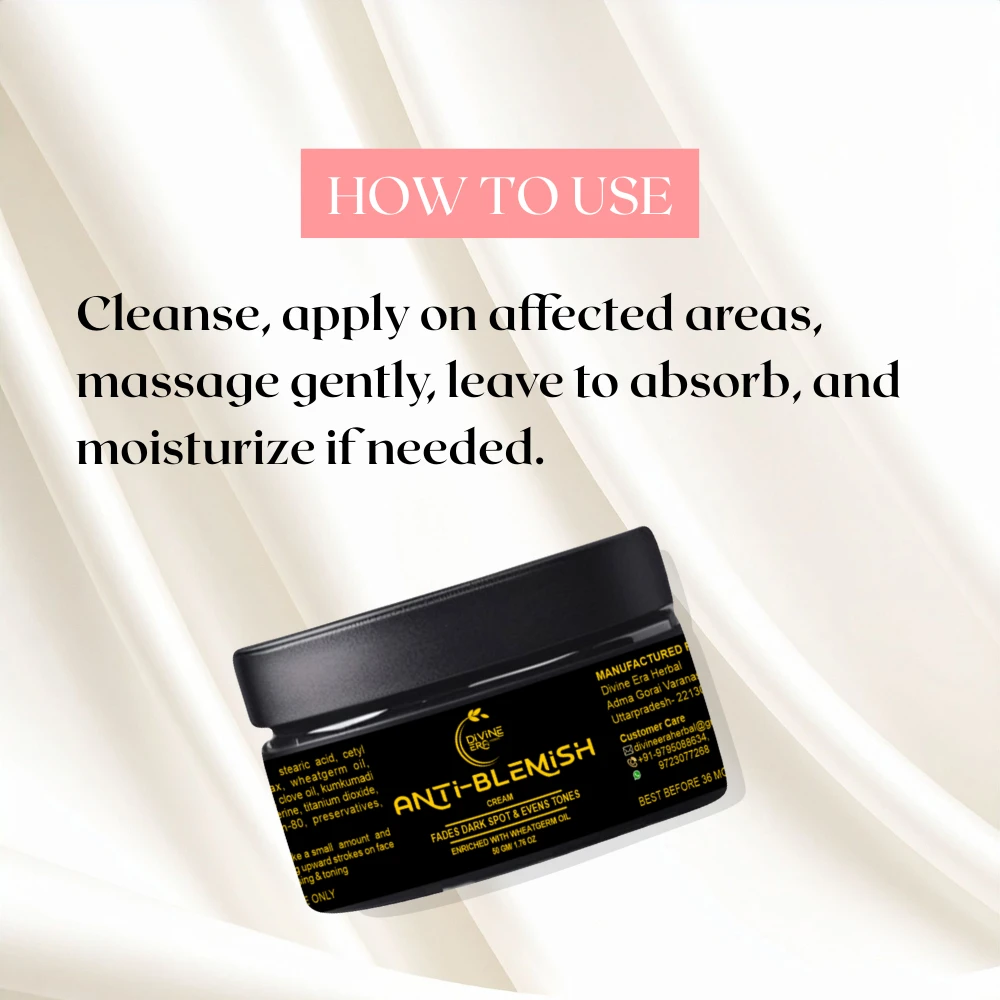 Instructions for use: "Cleanse, apply on affected areas, massage gently, leave to absorb, and moisturize if needed." Image features the product jar.
