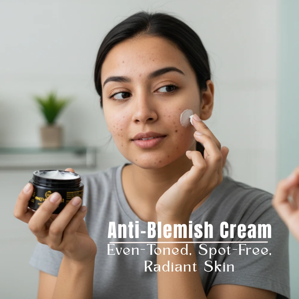 A woman applying Anti-Blemish Cream to her cheek. Text overlay reads: "Anti-Blemish Cream, Even-Toned, Spot-Free, Radiant Skin."