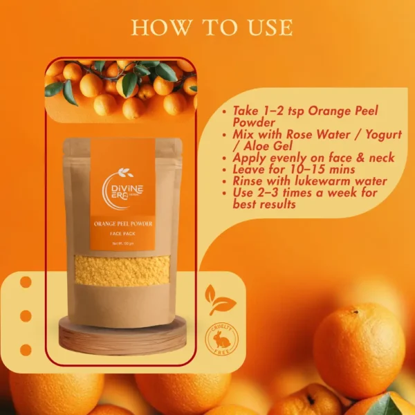 Step-by-step guide showing how to use orange peel powder for face packs, scrubs, and drinks.