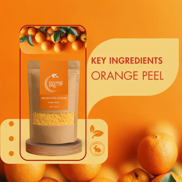 Close-up of key natural ingredients used in organic orange peel powder, including dried orange peel and herbal extracts