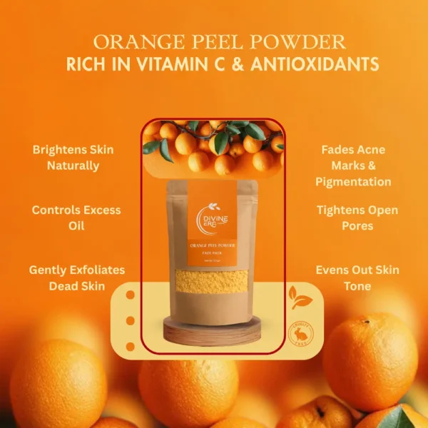 Illustration showing multiple benefits of orange peel powder including skin brightening, acne reduction, and improved immunity.