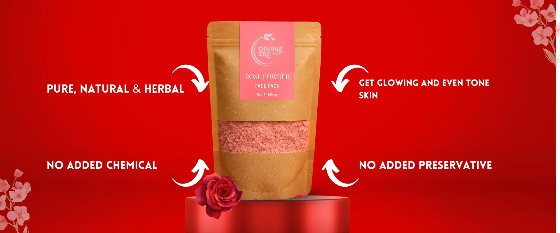 Divine Era Herbal Rose Powder Face Pack in eco-friendly pouch, natural pink powder displayed on red background with benefits highlighted – pure, herbal, no chemicals, no preservatives, promotes glowing and even-toned skin