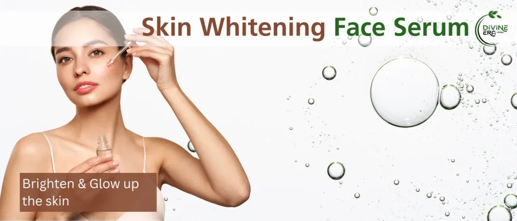 Close-up of a young woman applying a 'Skin Whitening Face Serum' to her cheek using a glass dropper. The background is white with bubbles, and the text reads 'Skin Whitening Face Serum' and 'Brighten & Glow up the skin' with the 'Divine ERA HERBAL' logo.
