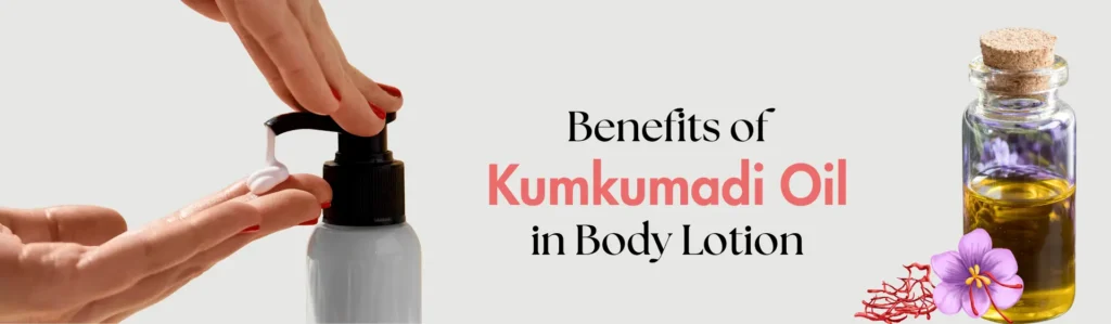 Close-up of hands applying white body lotion from a pump bottle next to a glass vial of golden Kumkumadi oil with saffron and flowers. The text reads: Benefits of Kumkumadi Oil in Body Lotion.