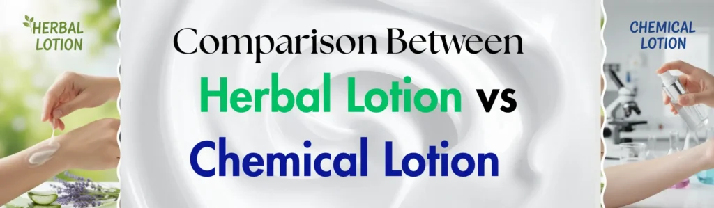 A split image showing hands applying lotion: on the left, a hand applies Herbal Lotion with a cotton swab amidst natural ingredients like aloe vera and lavender; on the right, a hand sprays Chemical Lotion from a bottle in a laboratory setting with a microscope visible. The image compares the application and origins of different body lotions for dry skin.