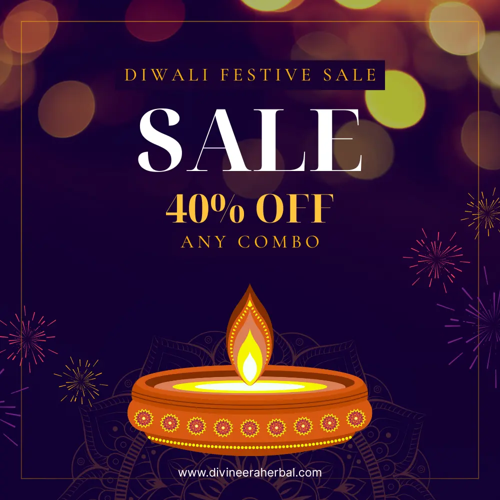 Diwali 2025 banner with diyas, rangoli, and festive decorations showcasing exclusive offers from Divine Era Herbal