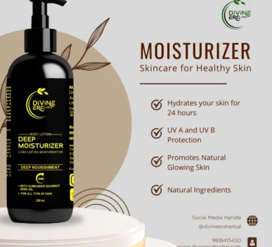 Black pump bottle of Divine ERG Herbal Deep Moisturizer body lotion for daily use with Kumkumadi and Carrot Seed Oil, providing UV protection.