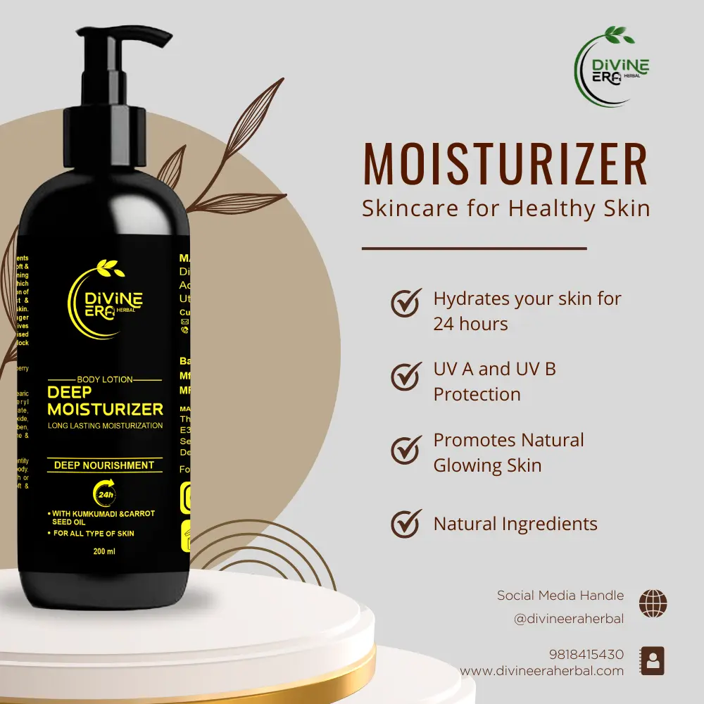 Black pump bottle of Divine ERG Herbal Deep Moisturizer body lotion for daily use with Kumkumadi and Carrot Seed Oil, providing UV protection.