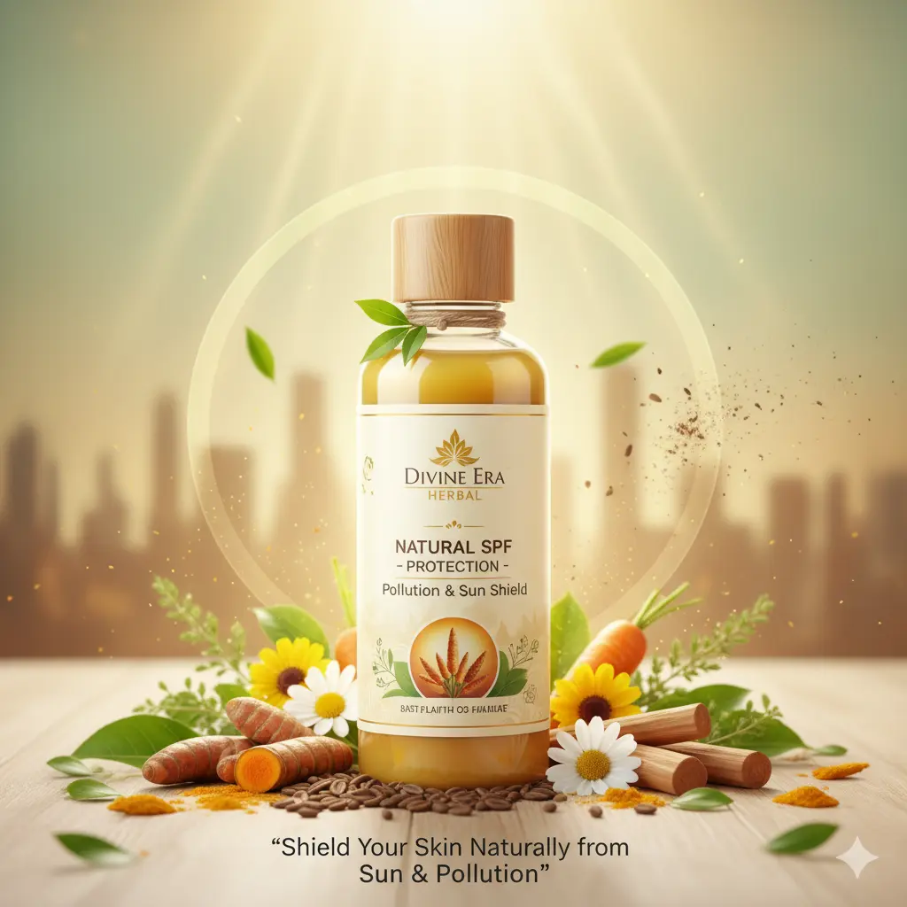 A "Divine Era Herbal Natural SPF Protection - Pollution & Sun Shield" body lotion bottle with a wooden cap, surrounded by natural sun-protective ingredients like sliced carrots, turmeric roots, sandalwood sticks, green leaves, white daisy-like flowers, and a few sunflower petals. The background shows a subtle blurred city skyline with sunlight beams and light dust motes, representing protection from sun and pollution. A gentle golden glow emanates from the bottle.