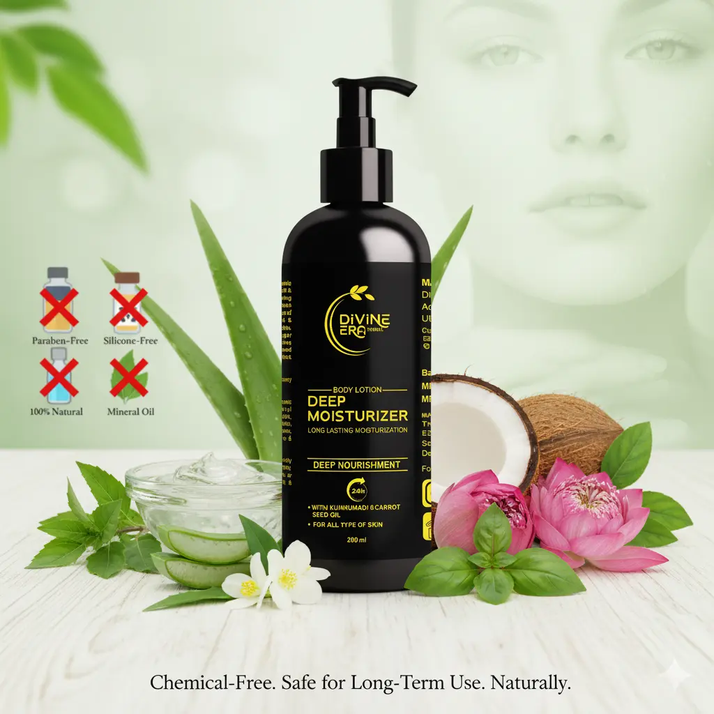 A black "Divine Era Herbal Deep Moisturizer" lotion bottle with yellow text, surrounded by natural ingredients like aloe vera, coconut halves, jasmine flowers, lotus, and mint leaves. Icons with red crosses indicate "Paraben-Free," "Silicone-Free," and "Mineral Oil-Free." A faint female face is in the background, symbolizing healthy skin. The bottom text reads "Chemical-Free. Safe for Long-Term Use. Naturally.