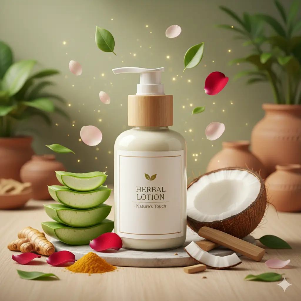 A glass bottle of "Herbal Lotion - Nature's Touch" with a wooden cap, surrounded by natural ingredients like aloe vera slices, rose petals, turmeric powder, turmeric roots, and coconut pieces. The background is soft green with earthy terracotta pots and plants, all under bright, soft lighting with floating leaves, petals, and golden sparkles.