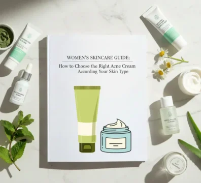 A flat lay shows a skincare guide titled "Women's Skincare Guide: How to Choose the Right Acne Cream According to Your Skin Type" on a white marble surface, surrounded by various skincare products like tubes, dropper bottles, and jars, along with natural elements such as mint leaves, chamomile flowers, and aloe vera, illustrating the selection of the right acne cream for skin type.