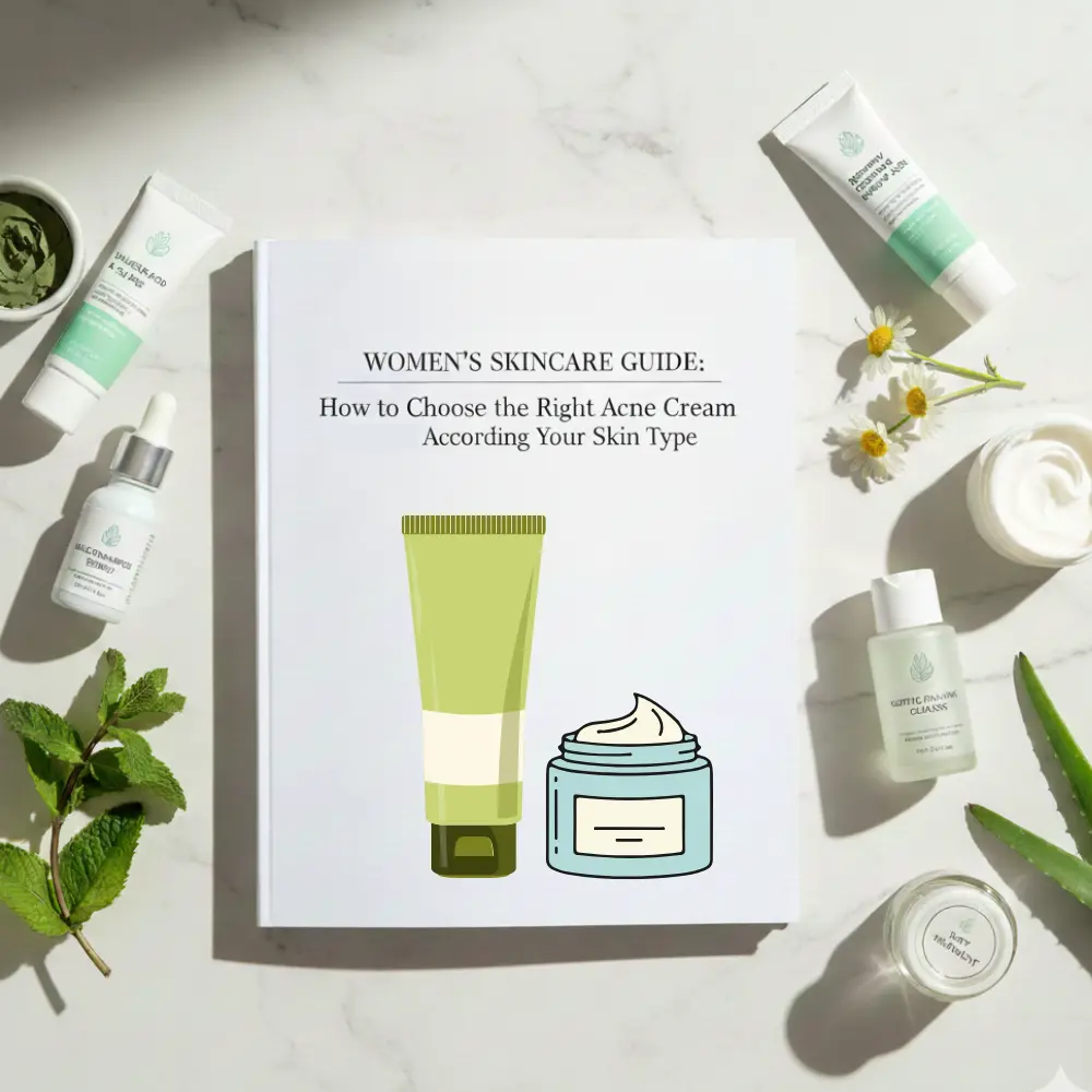 A flat lay shows a skincare guide titled "Women's Skincare Guide: How to Choose the Right Acne Cream According to Your Skin Type" on a white marble surface, surrounded by various skincare products like tubes, dropper bottles, and jars, along with natural elements such as mint leaves, chamomile flowers, and aloe vera, illustrating the selection of the right acne cream for skin type.