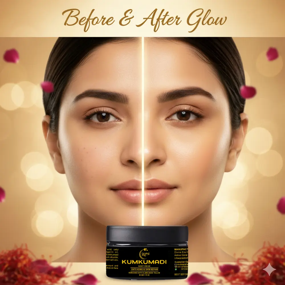 Before and after transformation showing a woman's skin tone improvement, featuring the Divine Era Herbal Kumkumadi Cream for Face jar in the foreground, demonstrating reduced dark spots and improved glow.