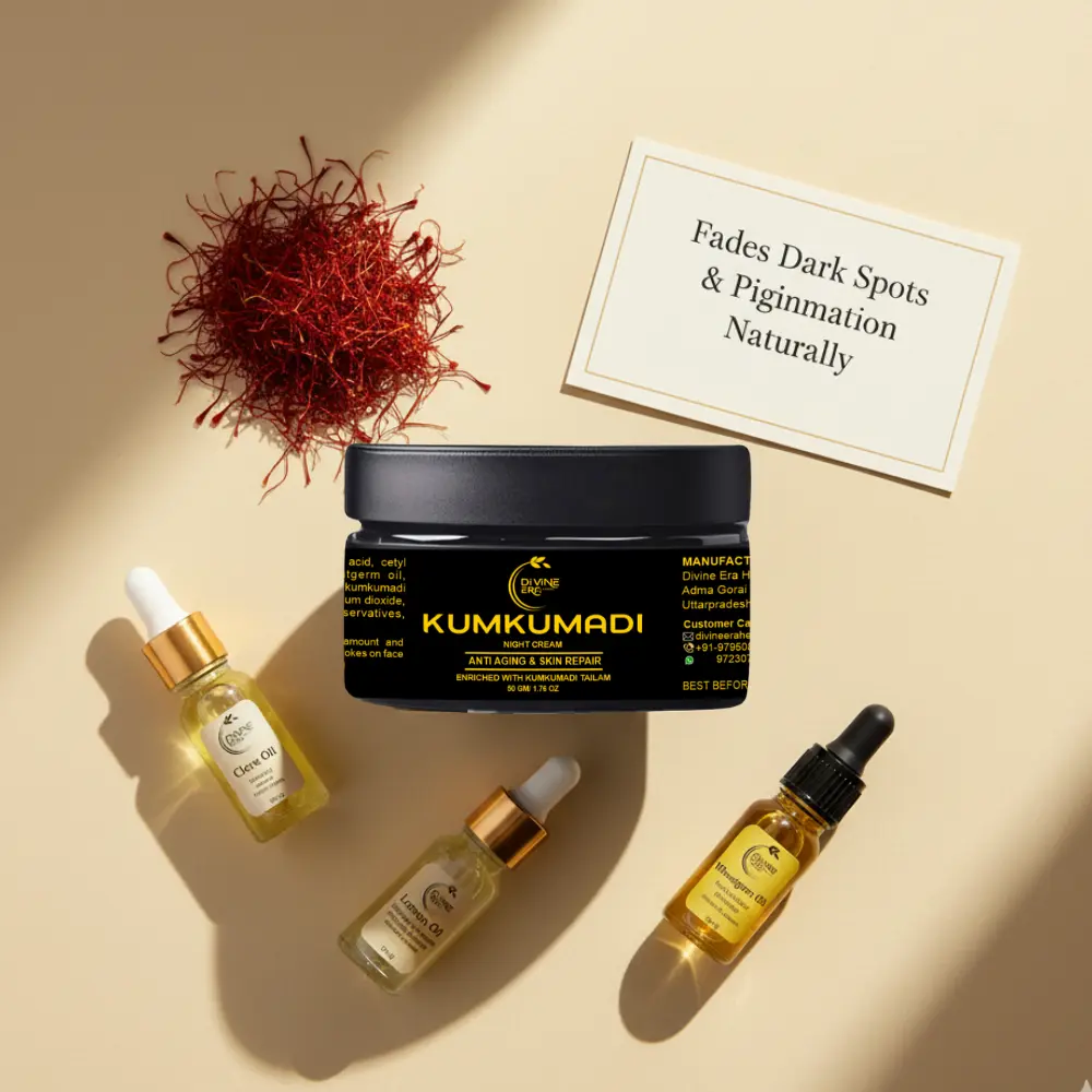 Flat lay of Divine Era Herbal Kumkumadi Cream for Face with key natural ingredients: saffron, Clove Oil, Lemon Oil, and Wheatgerm Oil. Includes a label card about fading dark spots.
