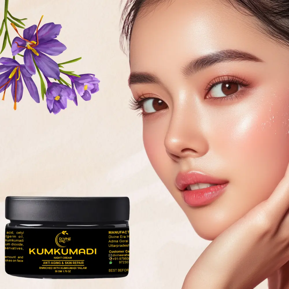 Artistic close-up of radiant skin texture with sparkles, symbolizing cell renewal. Features the Divine Era Herbal Kumkumadi Cream for Face jar and an aura of saffron and sandalwood.