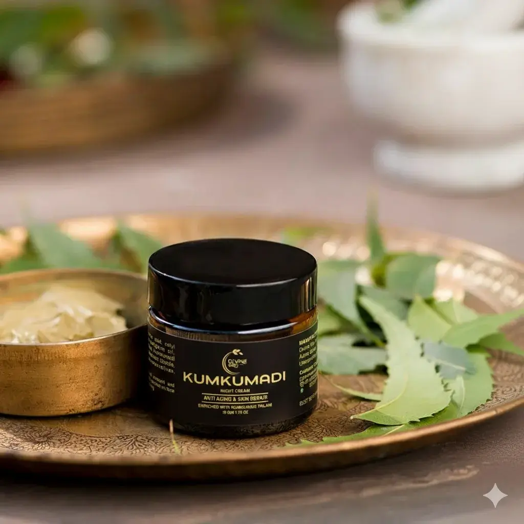 Divine Era Herbal Kumkumadi Cream jar with saffron, sandalwood, and rose petals — best Kumkumadi cream for skin whitening in India, helps reduce pigmentation, dark circles, and wrinkles naturally.
