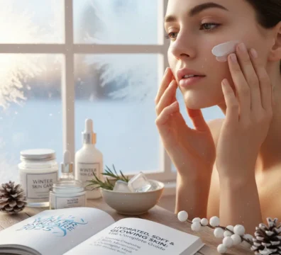 A close-up of a young woman applying a moisturizing cream to her cheek in front of a frosted window. An open book titled "Winter Skin Care 2025" and several skincare products are visible on the wooden table, emphasizing Winter Skin Care for Dry Skin routines for a soft, glowing complexion.