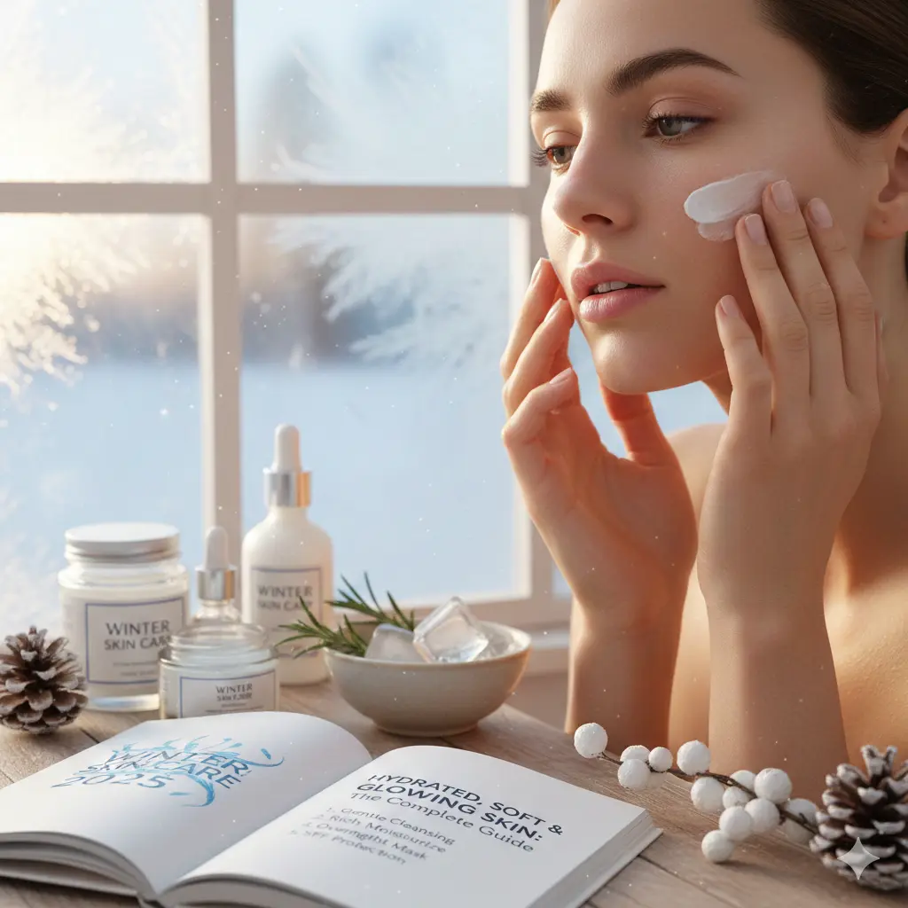 A close-up of a young woman applying a moisturizing cream to her cheek in front of a frosted window. An open book titled "Winter Skin Care 2025" and several skincare products are visible on the wooden table, emphasizing Winter Skin Care for Dry Skin routines for a soft, glowing complexion.