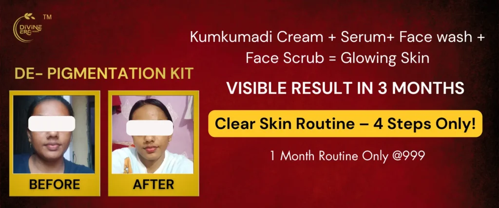 Image showing a complete pigmentation kit including Kumkumadi cream, serum, face scrub, and face wash arranged together, highlighting benefits for reducing dark spots, pigmentation, and improving skin tone.