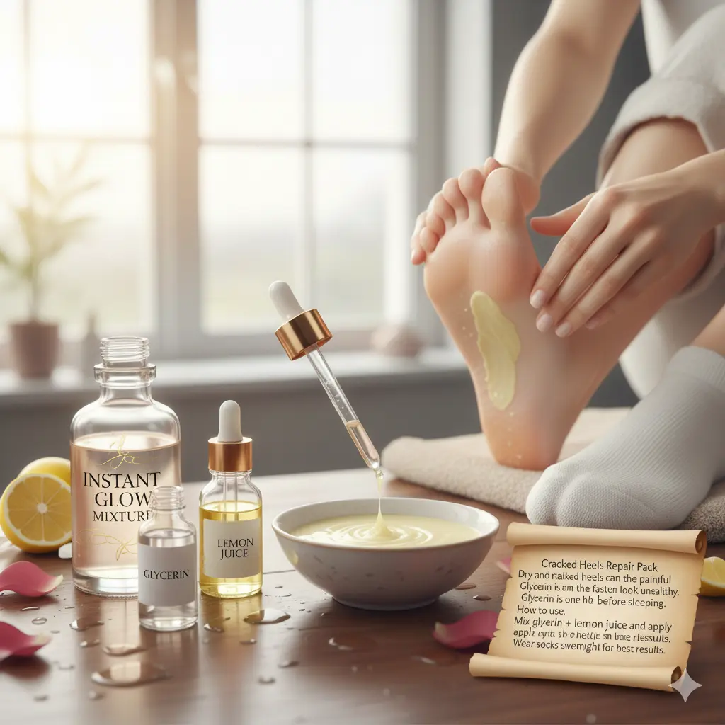 Applying glycerin and lemon on cracked heels to show benefits of glycerin on the skin