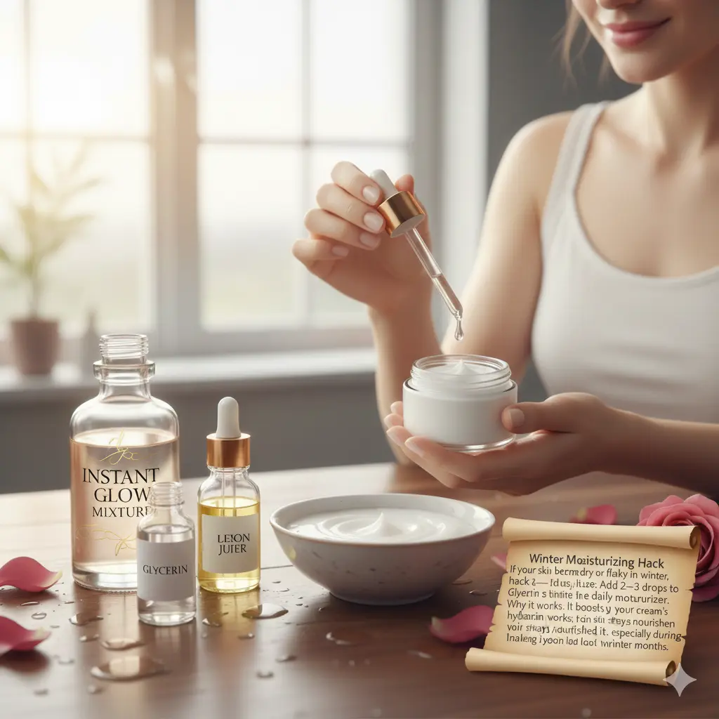 Glycerin drops added to moisturizer during winter showing benefits of glycerin on the skin