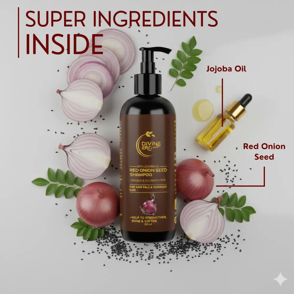 Ingredients of Red Onion Black Seed Oil Shampoo including red onion, black seed, aloe vera, curry leaves and vitamin E.
