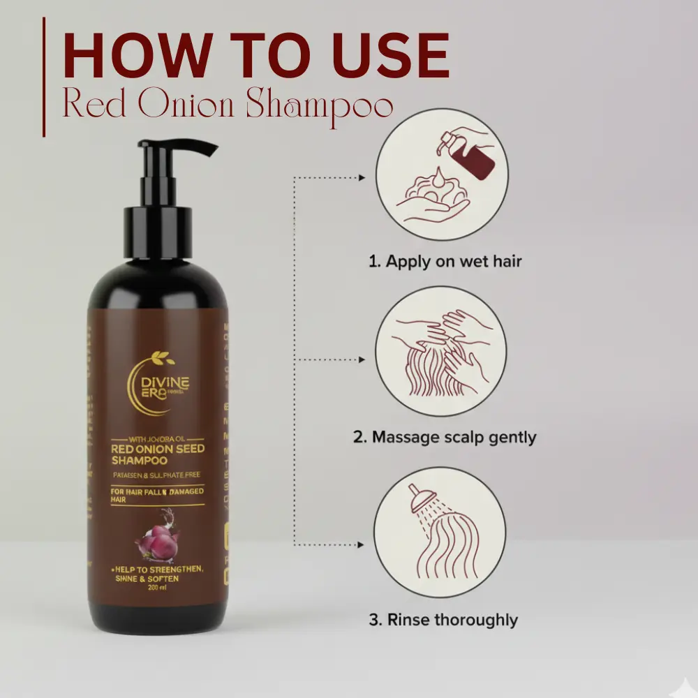 How to use Red Onion Black Seed Oil Shampoo step-by-step on wet hair.