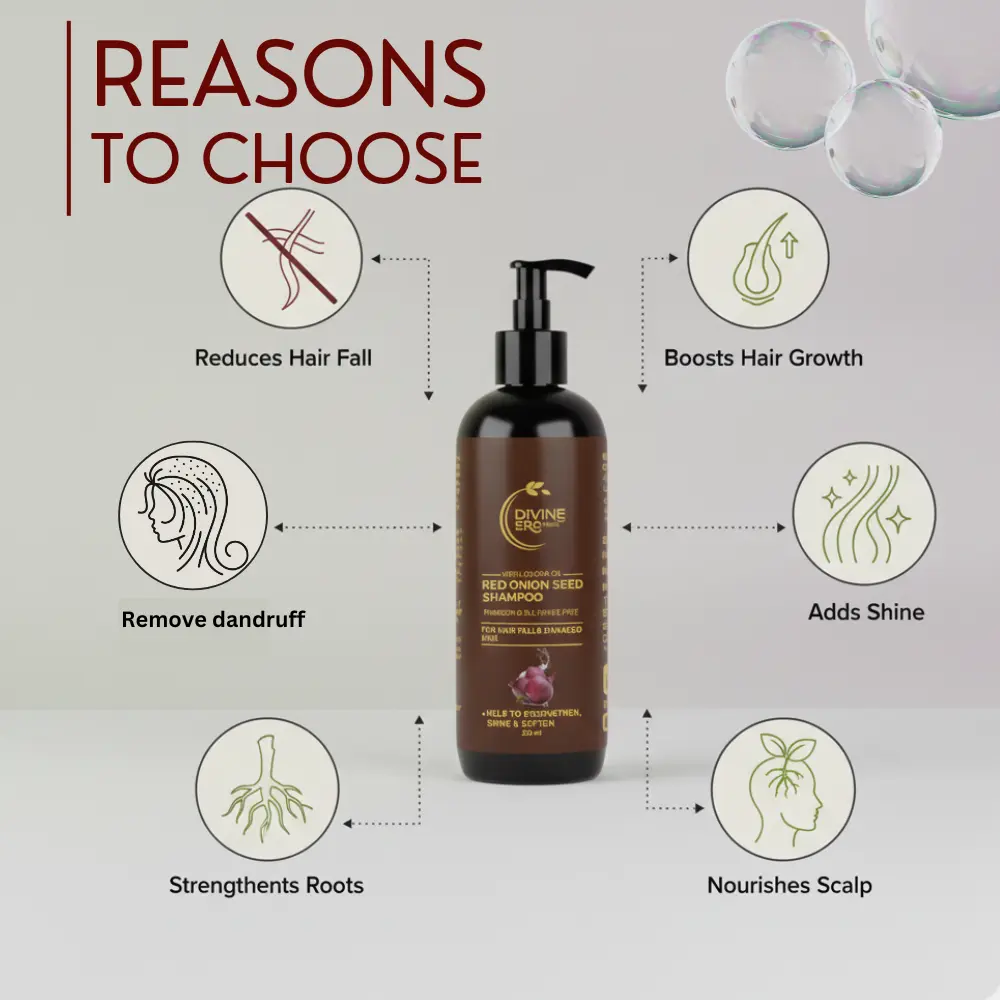 Benefits of Red Onion Black Seed Oil Shampoo including hair fall control, hair growth boost, scalp nourishment and shine.