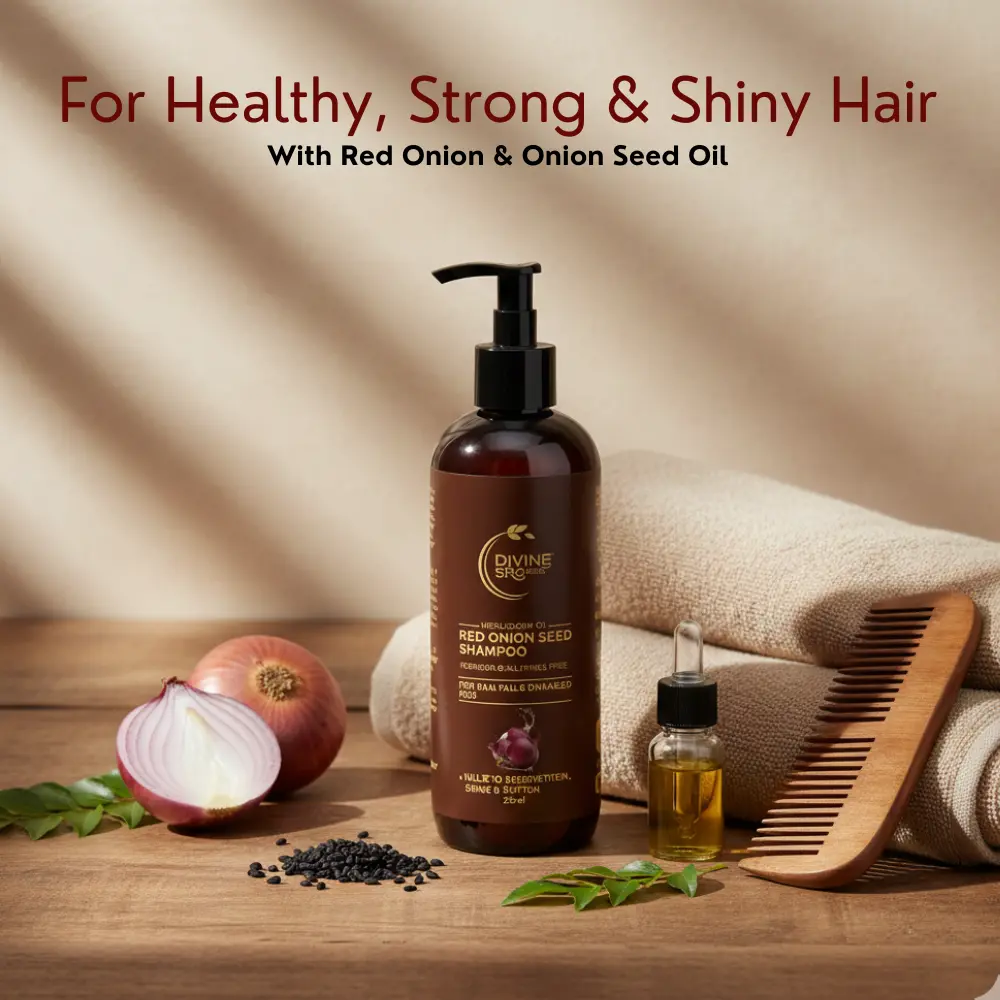 Red Onion Black Seed Oil Shampoo placed with towel, comb and natural ingredients in a bathroom setting.